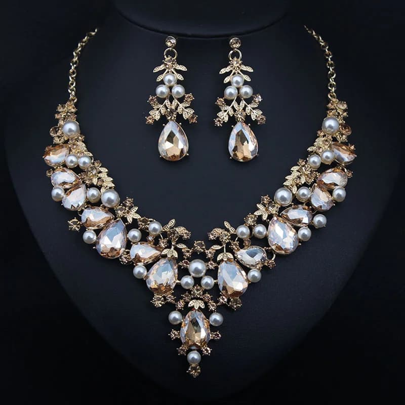 Five-color crystal precious stone necklace and earrings set - bridal banquet women's accessories