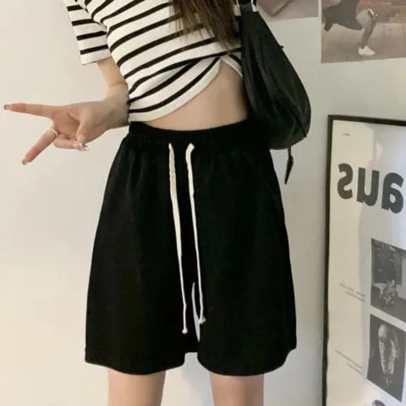 Cotton Grey Five Quarter Pants for Women, Summer Loose Casual Shorts, Sports Style High Waisted Wide Leg Pants
