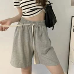 Cotton Grey Five Quarter Pants for Women, Summer Loose Casual Shorts, Sports Style High Waisted Wide Leg Pants