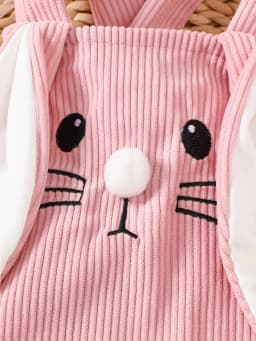 Cute Bunny Romper for Baby Girls, Soft Pink Pom-Pom Nose, Hand-Painted Embroidered Features, Newborn Easter Photo Shoot Outfit