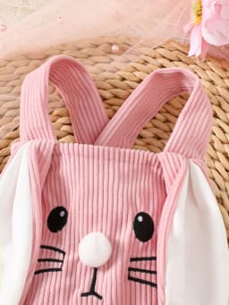 Cute Bunny Romper for Baby Girls, Soft Pink Pom-Pom Nose, Hand-Painted Embroidered Features, Newborn Easter Photo Shoot Outfit