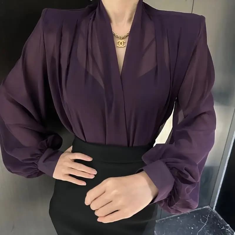 2026 Spring and Summer Fashion High End New Women's Sexy Shirt Design Sense High End Mesh Lantern Sleeve Chiffon Top