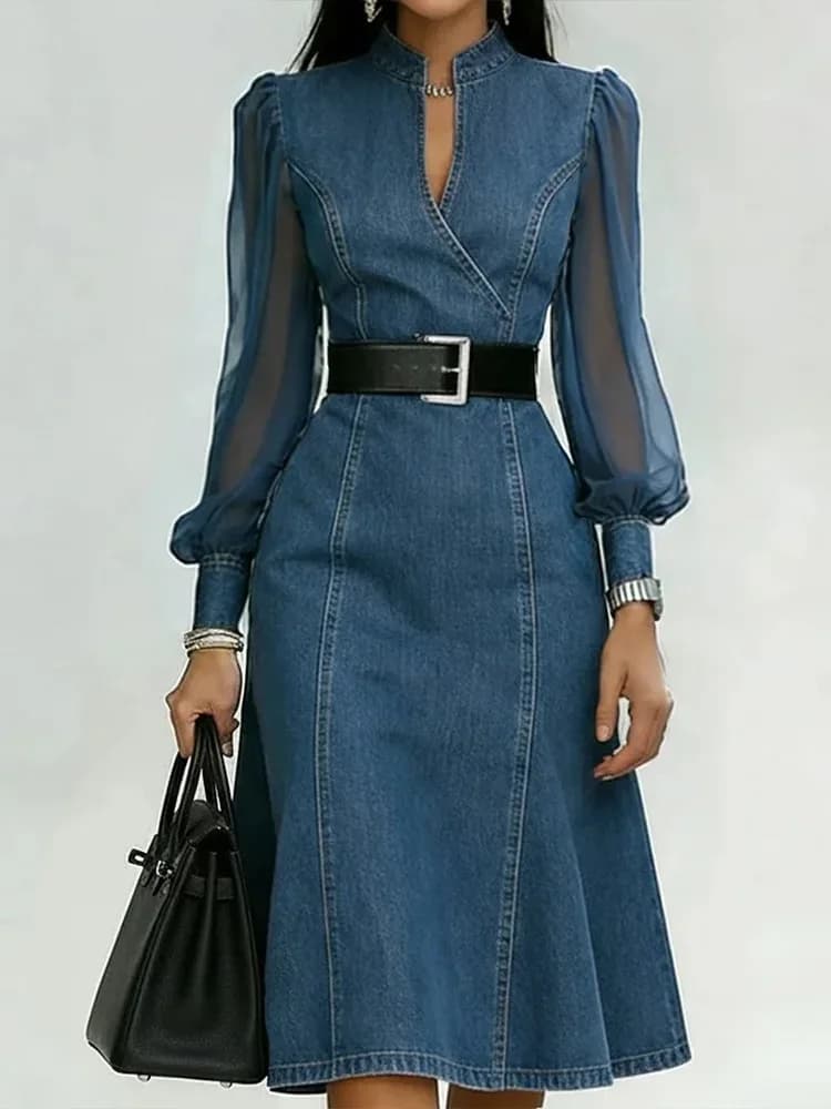 Streetwear Denim A-Line Dress Summer Women Tulle Long Sleeve See Through V Neck Maxi Dresses Vintage Jean Dress with Belt