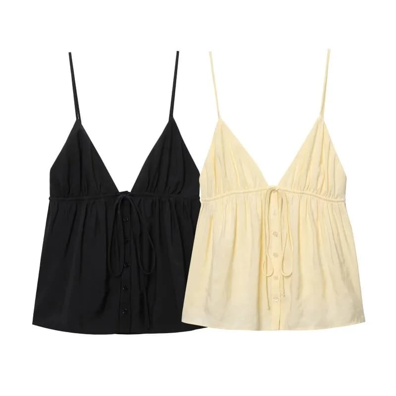Ladies Sexy V-Neck Spaghetti Strap Top, Spring Summer Beach Vacation Tie Waist Cami, Casual Holiday & Daily Wear