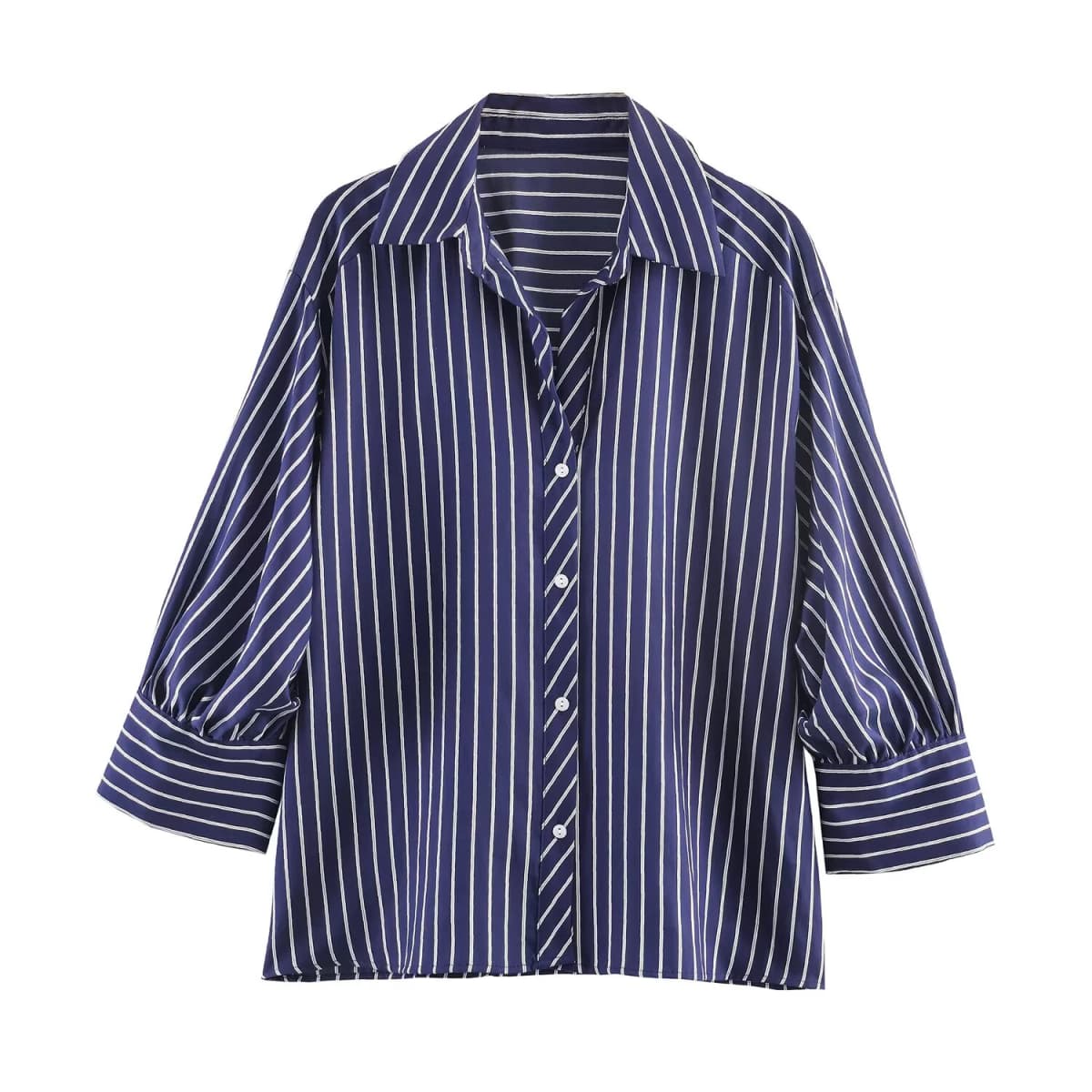 European and American style spring and summer new product women's clothing lapel bubble sleeve casual commuting striped shirt