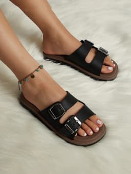 New Spring and Summer Women's Fashion Casual Slippers with Double Straps and Double Buckles, Adjustable Design, Breathable, Non-Slip, Suitable for Beach, Home, Outdoor, Office, Walking, Versatile Style, Black with Contrasting Colors