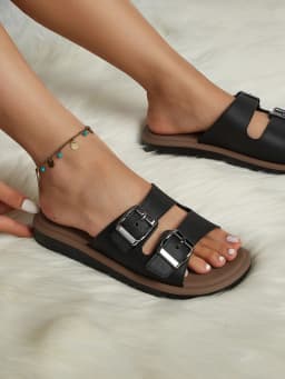 New Spring and Summer Women's Fashion Casual Slippers with Double Straps and Double Buckles, Adjustable Design, Breathable, Non-Slip, Suitable for Beach, Home, Outdoor, Office, Walking, Versatile Style, Black with Contrasting Colors