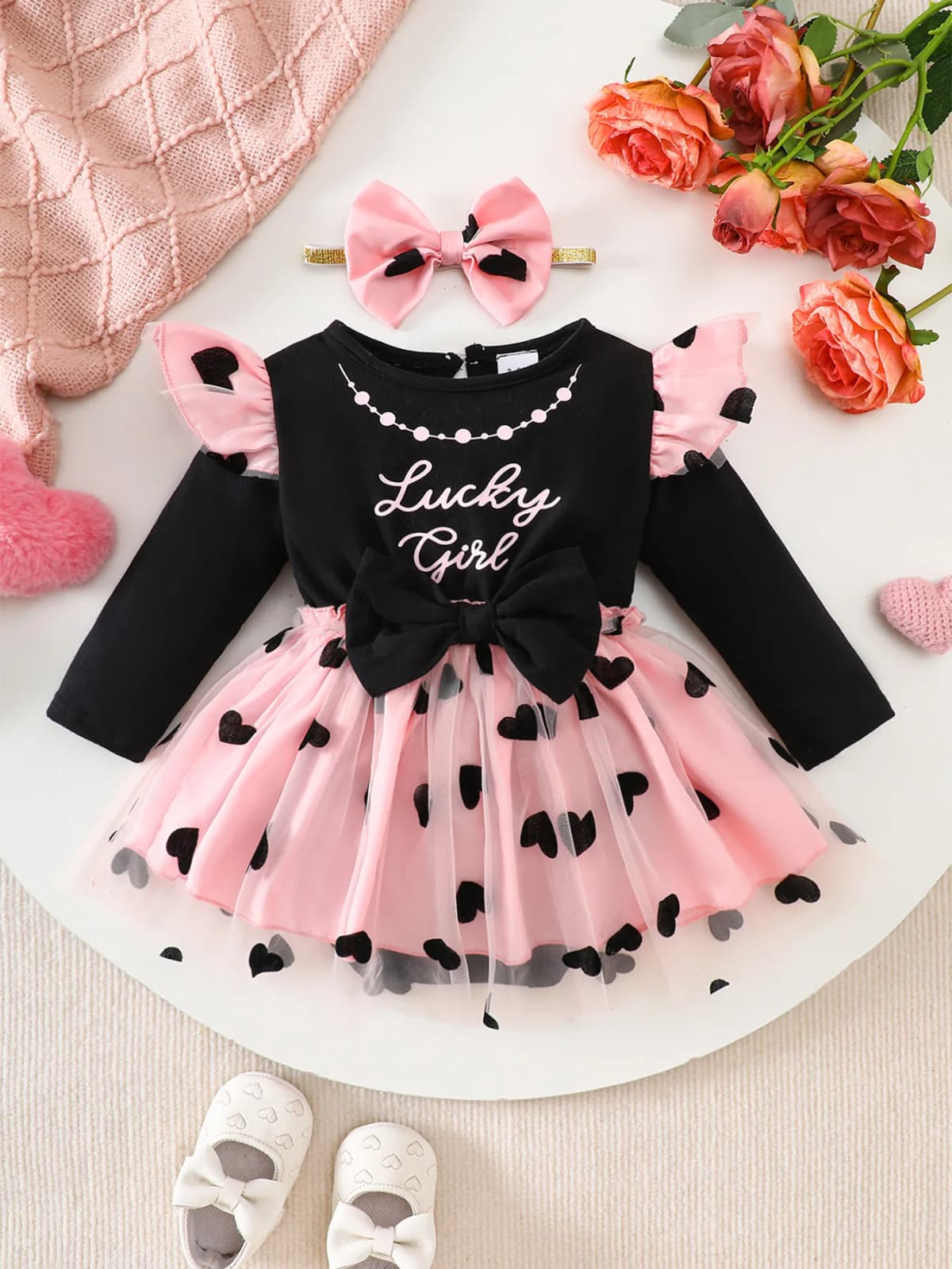 Black and Gold Polka Dot Mesh Puff Sleeve Square Neck Romper Dress + Bow Headband Daddy’S Princess Gold Foil Print Baby Girl Birthday Party Dress Set