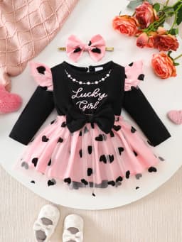Black and Gold Polka Dot Mesh Puff Sleeve Square Neck Romper Dress + Bow Headband Daddy’S Princess Gold Foil Print Baby Girl Birthday Party Dress Set