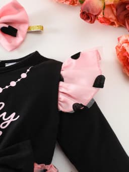 Black and Gold Polka Dot Mesh Puff Sleeve Square Neck Romper Dress + Bow Headband Daddy’S Princess Gold Foil Print Baby Girl Birthday Party Dress Set