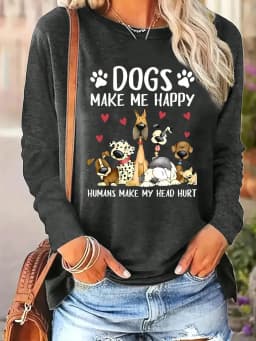 2026 Women's Spring and Summer Casual Slogan Dog Print Round Neck Solid Color Long Sleeved Pullover T-Shirt
