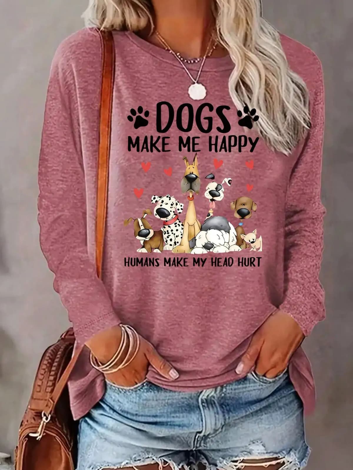 2026 Women's Spring and Summer Casual Slogan Dog Print Round Neck Solid Color Long Sleeved Pullover T-Shirt