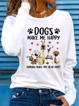 2026 Women's Spring and Summer Casual Slogan Dog Print Round Neck Solid Color Long Sleeved Pullover T-Shirt