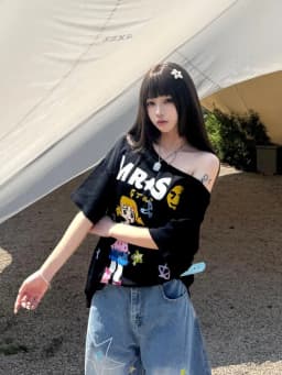 Seeslim Hotsweet Graphic T Shirts Cartoon Short Sleeve Summer Tops Off Shoulder Print T-shirt Women 2000s Clothes Y2k Tees Chic