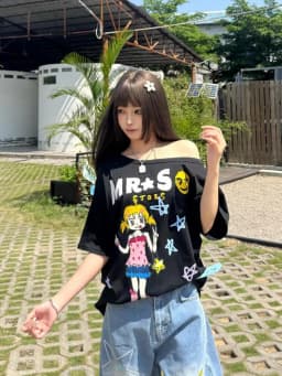 Seeslim Hotsweet Graphic T Shirts Cartoon Short Sleeve Summer Tops Off Shoulder Print T-shirt Women 2000s Clothes Y2k Tees Chic