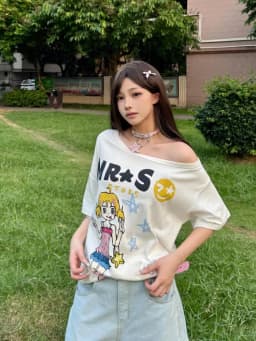 Seeslim Hotsweet Graphic T Shirts Cartoon Short Sleeve Summer Tops Off Shoulder Print T-shirt Women 2000s Clothes Y2k Tees Chic