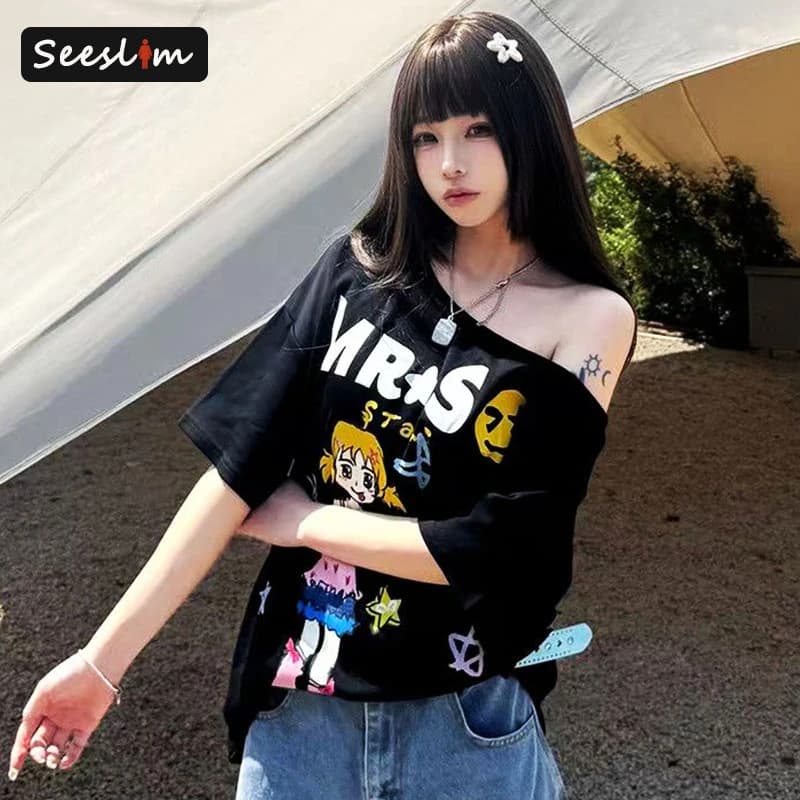 Seeslim Hotsweet Graphic T Shirts Cartoon Short Sleeve Summer Tops Off Shoulder Print T-shirt Women 2000s Clothes Y2k Tees Chic