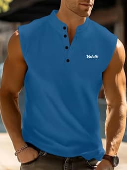 Men's Henry Collar Sleeveless T-Shirt Solid Color Sports Vest Shoulder Pad Enhanced Slim Fit Summer Breathable Casual Top