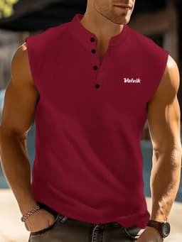 Men's Henry Collar Sleeveless T-Shirt Solid Color Sports Vest Shoulder Pad Enhanced Slim Fit Summer Breathable Casual Top