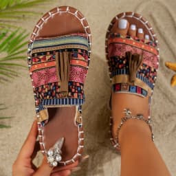 Bohemian Flat Bottom Slippers Women's Outdoor Summer New Tassel Beach Sandals Large Size Cross-Border Slippers for Adults