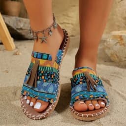 Bohemian Flat Bottom Slippers Women's Outdoor Summer New Tassel Beach Sandals Large Size Cross-Border Slippers for Adults