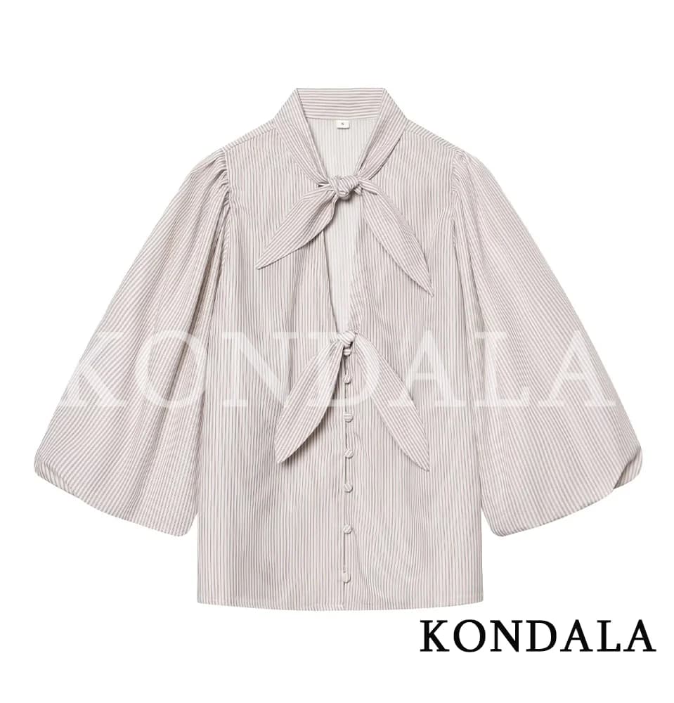 KONDALA Casual Chic Bow Striped Shirt Women's Elegant Commute Half Sleeve Shirt New 2026 Spring Summer Fashion Holidays Lady Top