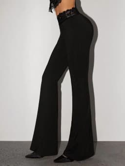 Black Super Low Waist Bell Bottom Pants Sexy Slim Fit Tummy Control Drapey Long Casual Pants Lace Splice Slimming Effect