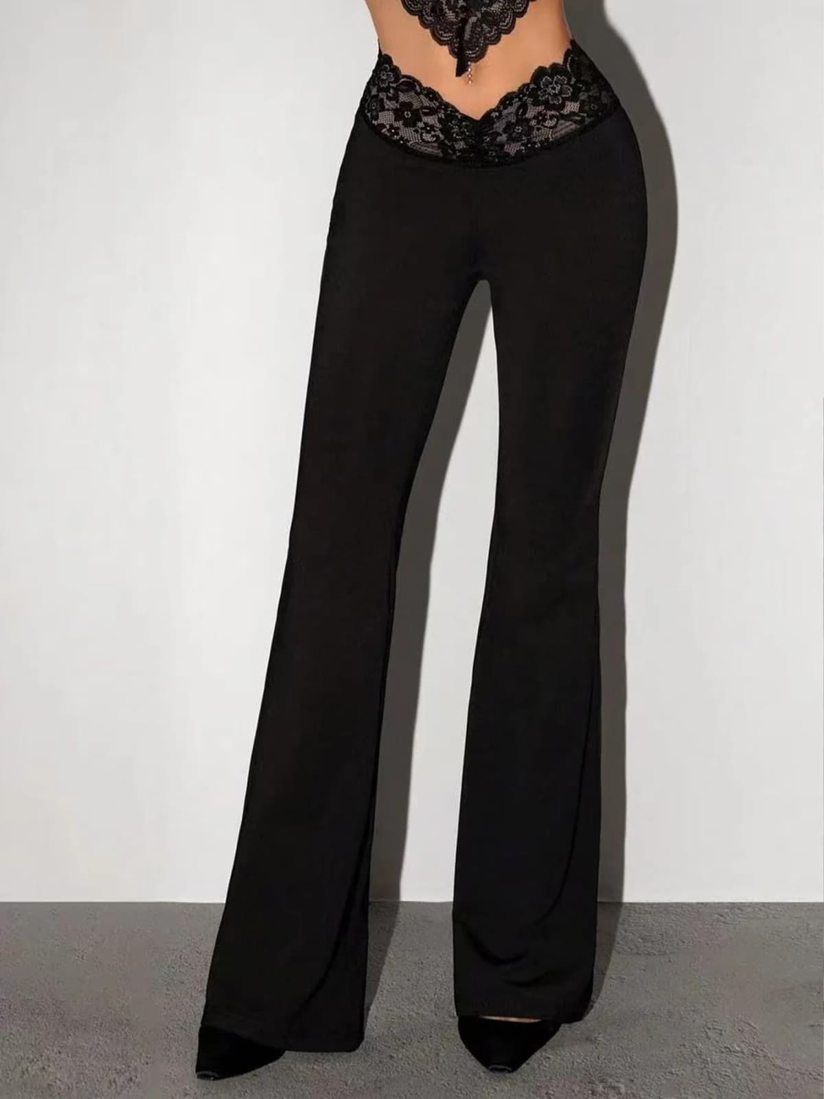 Black Super Low Waist Bell Bottom Pants Sexy Slim Fit Tummy Control Drapey Long Casual Pants Lace Splice Slimming Effect