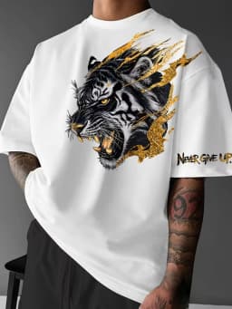 Men's Funny NEVER GIVE UP Tiger Letter T Shirt Cotton Tee Women Oversized Loose Fitness Spring Summer Casual Top Short Sleeve