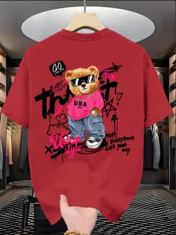 Best-selling Fashion Cute Bear Print 100% Cotton Trendy Men T-shirt Summer Daily Outdoor Sports Casual Loose Street Short-sleeve