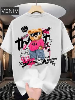 Best-selling Fashion Cute Bear Print 100% Cotton Trendy Men T-shirt Summer Daily Outdoor Sports Casual Loose Street Short-sleeve