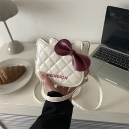 Lovely Cat Pattern Women Handbag Fashion Rhombus Grid Shoulder Bag Sweet Bowknot Crossbody Bag