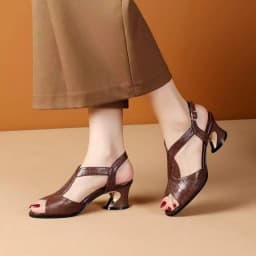 Women's Chunky Heel Sandals 2026 Summer Peep Toe Ankle Strap Buckle Comfy Soft Sole Faux Crocodile Leather Retro Office Shoes