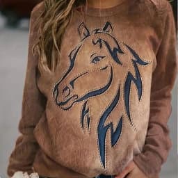 2026 Women's Casual Elegant Spring and Autumn Edition Horse Pattern Solid Color Round Neck Comfortable Long Sleeve Hoodie Top