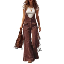 Women's Vintage Western Suede Fringe Wide-leg Overalls Solid Color High-waisted Button Jumpsuit Female Fashion Jumpsuits