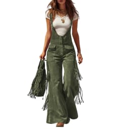 Women's Vintage Western Suede Fringe Wide-leg Overalls Solid Color High-waisted Button Jumpsuit Female Fashion Jumpsuits