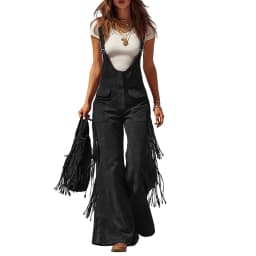 Women's Vintage Western Suede Fringe Wide-leg Overalls Solid Color High-waisted Button Jumpsuit Female Fashion Jumpsuits