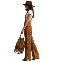 Women's Vintage Western Suede Fringe Wide-leg Overalls Solid Color High-waisted Button Jumpsuit Female Fashion Jumpsuits