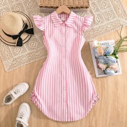 Stylish Girls Summer Blue White Stripe Dress 8-12Y, Popular Button Front A-line Dress with Side Drawstring for Outdoor Trip