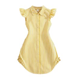 Stylish Girls Summer Blue White Stripe Dress 8-12Y, Popular Button Front A-line Dress with Side Drawstring for Outdoor Trip