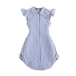 Stylish Girls Summer Blue White Stripe Dress 8-12Y, Popular Button Front A-line Dress with Side Drawstring for Outdoor Trip