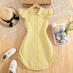 Stylish Girls Summer Blue White Stripe Dress 8-12Y, Popular Button Front A-line Dress with Side Drawstring for Outdoor Trip