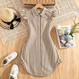 Stylish Girls Summer Blue White Stripe Dress 8-12Y, Popular Button Front A-line Dress with Side Drawstring for Outdoor Trip
