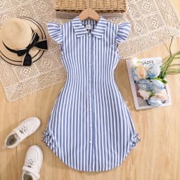 Stylish Girls Summer Blue White Stripe Dress 8-12Y, Popular Button Front A-line Dress with Side Drawstring for Outdoor Trip
