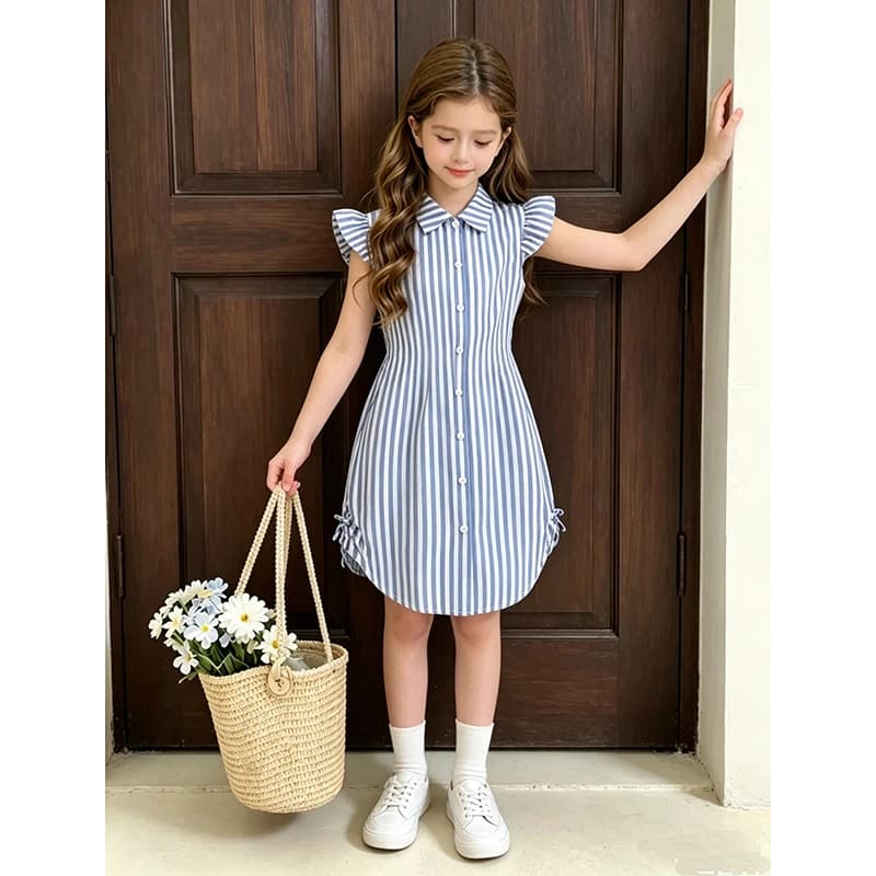 Stylish Girls Summer Blue White Stripe Dress 8-12Y, Popular Button Front A-line Dress with Side Drawstring for Outdoor Trip