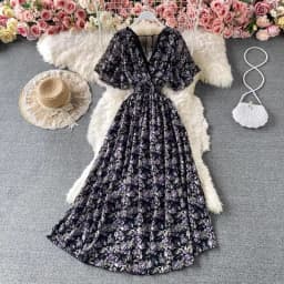 Boho Floral Print Chiffon Maxi Dress Women Sexy V Neck Short Sleeve Long Beach Dress Summer Holiday Sundress Vestidos