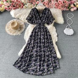 Boho Floral Print Chiffon Maxi Dress Women Sexy V Neck Short Sleeve Long Beach Dress Summer Holiday Sundress Vestidos