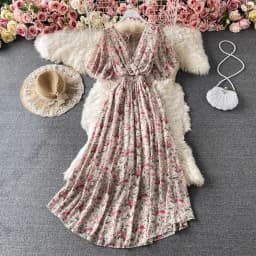 Boho Floral Print Chiffon Maxi Dress Women Sexy V Neck Short Sleeve Long Beach Dress Summer Holiday Sundress Vestidos