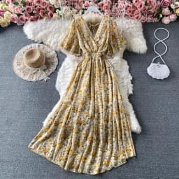 Boho Floral Print Chiffon Maxi Dress Women Sexy V Neck Short Sleeve Long Beach Dress Summer Holiday Sundress Vestidos