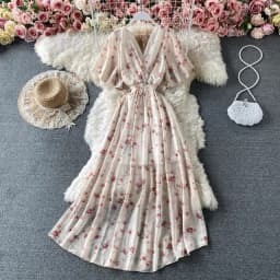 Boho Floral Print Chiffon Maxi Dress Women Sexy V Neck Short Sleeve Long Beach Dress Summer Holiday Sundress Vestidos